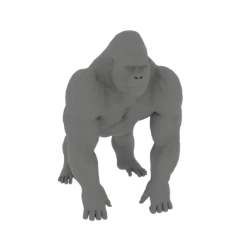 Graues 3D-Modell eines muskulösen Gorillas in Hockstellung, von leicht erhöhter Position.