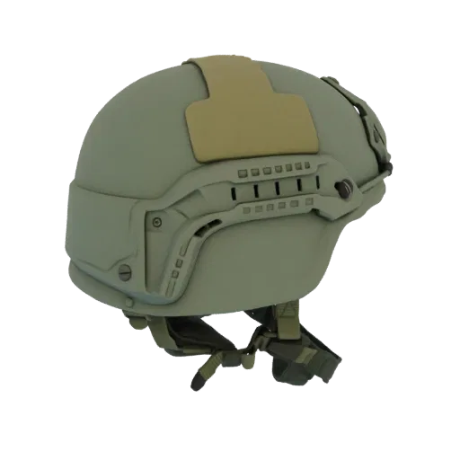 Side view of a 3D model of a tactical helmet in olive green with tan accents and a grey rail system.
