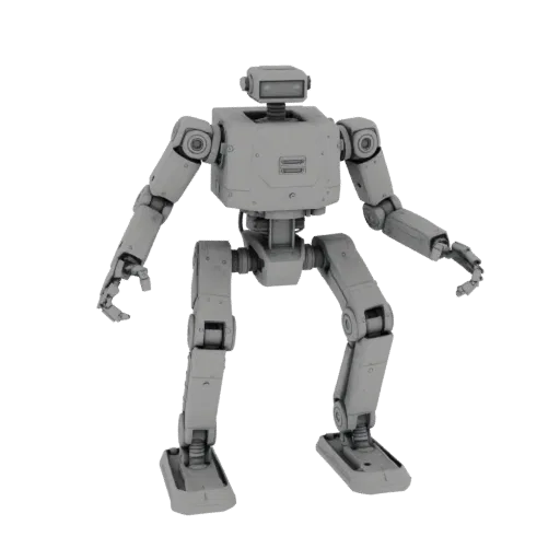 Modelo 3D Robô de Serviço Humanoide Imprimível, renderização isométrica STL, mostrando armações metálicas, forma de robô.
