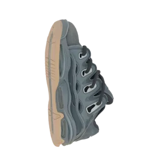 3D model of a futuristic athletic sneaker in grey and tan, viewed from the side.