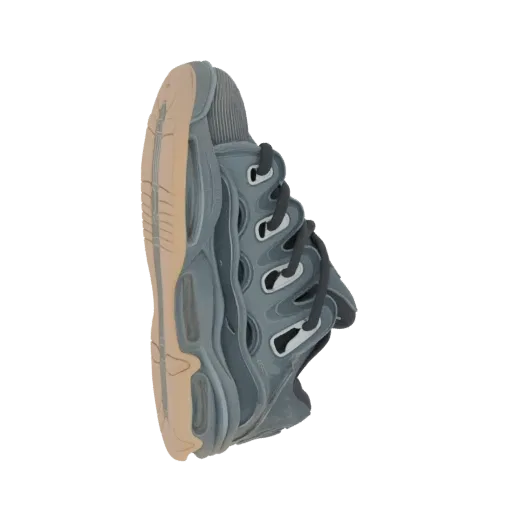 3D model of a futuristic athletic sneaker in grey and tan, viewed from the side.