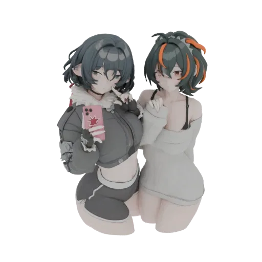 Modèle 3D de deux filles anime posant ensemble, l'une tenant un smartphone rose, sur fond blanc.