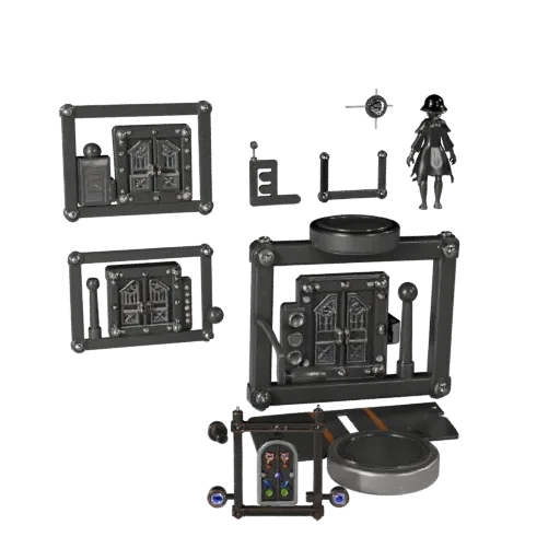 Dungeon Control Lever Modular 3D model, isometric modular kit view, showing metal hinges, clear interaction affordances.