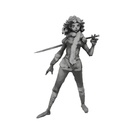 3D-Modell eines grauen Winterkrieger-Charakters mit Schal und Gewehr, posiert vor schwarzem Hintergrund.