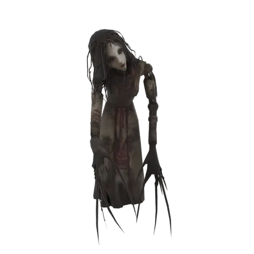 A 3D render of a creepy doll with pale skin, dark eyes, disheveled hair, and sharp claws, wearing a tattered dress.