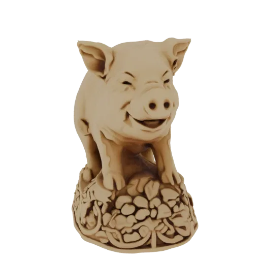 A 3D render of a cheerful piglet with a wide smile, standing on a base decorated with intricate floral carvings, presented on