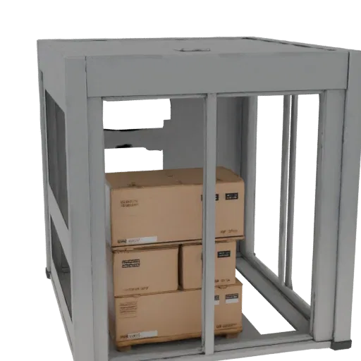 3D model of a cargo elevator with boxes inside, rendered in a realistic style with soft lighting.