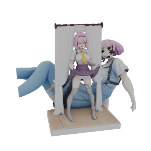 3D model of a creepy schoolgirl figure with pink hair, wearing a school uniform, and featuring a cracked mask on one side of