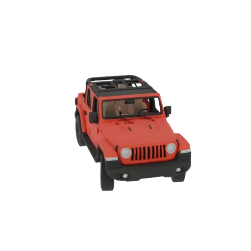 3D model of a red Jeep Wrangler with the top removed, showing the interior, against a white background.
