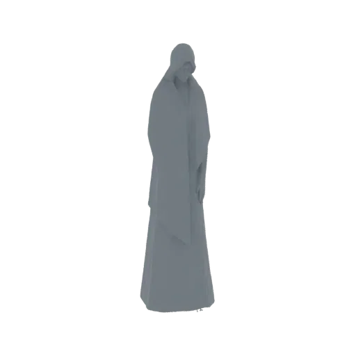 A 3D render of a mysterious figure wearing a hooded cloak, standing in a contemplative pose against a white background.