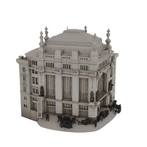 Modelo 3D de una detallada miniatura de la Gran Ópera con carruajes de caballos en su base, renderizado en un tono claro y ne