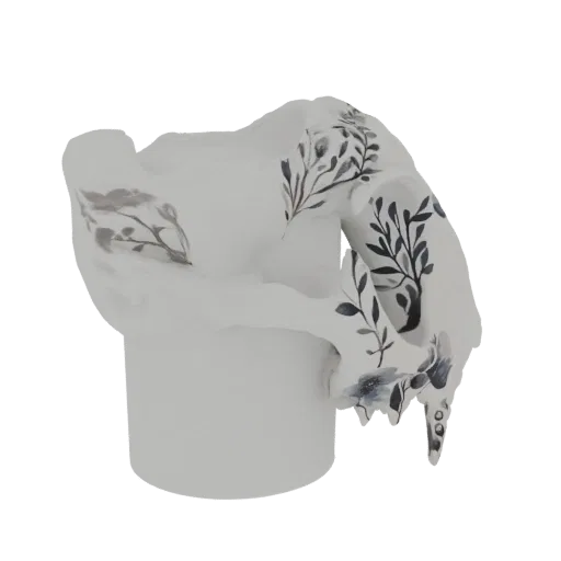 3D model of a white skull with dark floral patterns, designed as a planter with a cylindrical base.