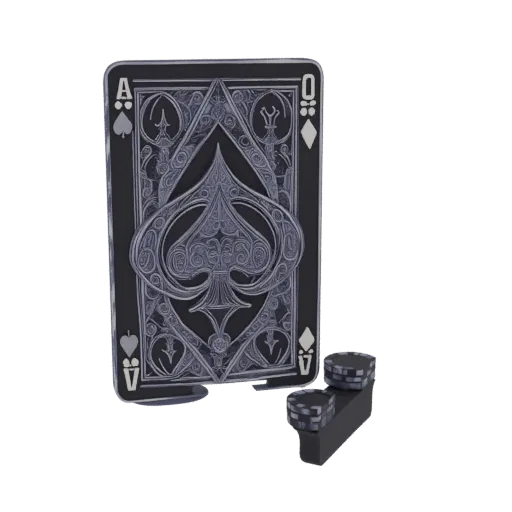 3D model of an ornate Ace of Spades playing card with two poker chips, rendered with a dark, metallic finish.