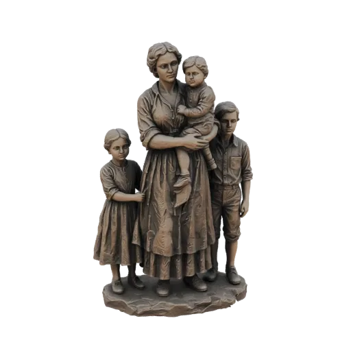 3D model of a bronze statue of a mother holding a child, with a boy and a girl standing beside her.