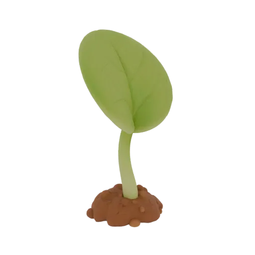 3D model of a sprout with a green leaf emerging from a soil clump, in a stylized design.