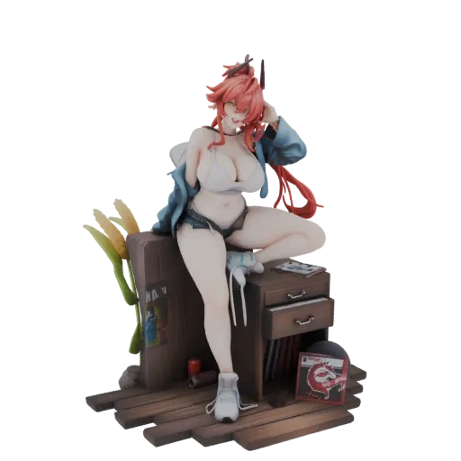 3D model of an anime girl with red hair, wearing a blue jacket and white bikini top, sitting on a wooden crate with corn stal