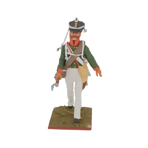 3D model of a Napoleonic era soldier in uniform, holding a weapon, standing on a textured base.