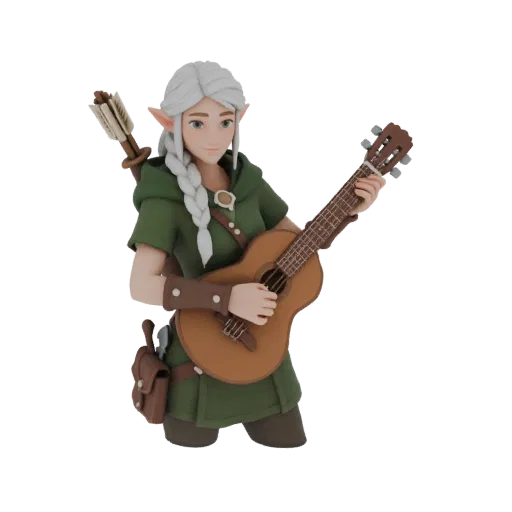 3D model of an elf bard with long blonde hair, playing a lute, with a quiver on her back.