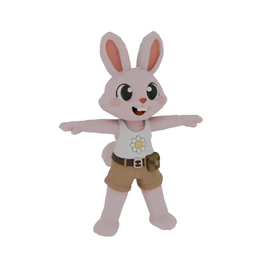 A 3D render of a cute pink bunny character wearing a white tank top with a daisy, brown shorts, and a small pouch, standing w