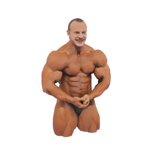 3D model of a muscular bodybuilder with defined abs and biceps, flexing his arms in a classic pose.