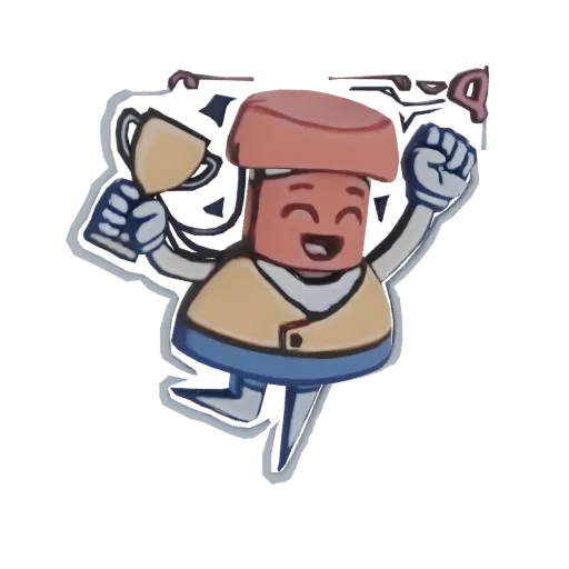 3D model of a happy cartoon character with a red cap, yellow vest, and blue pants, joyfully holding a golden trophy aloft wit