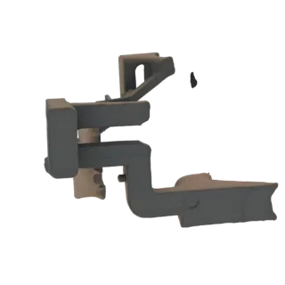 Modelo 3D de um suporte industrial cinza de plástico com peças de encaixe, visto de lado.