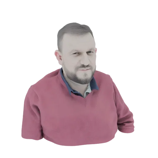 3D model of a man with short hair and beard, wearing a red V-neck sweater and blue collared shirt, looking slightly to the side.