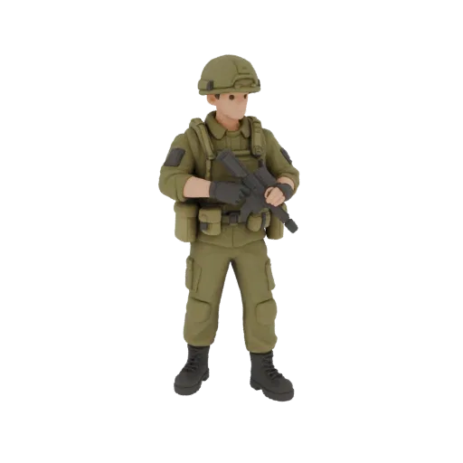 3D model of a soldier in modern Russian gear (2026) with assault rifle, on a white background