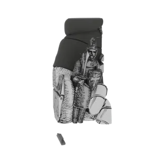 Rendu 3D d'une pièce d'échecs de chevalier médiéval, tenant un bouclier et une épée, avec des détails d'armure complexes.