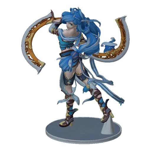 3D model of an anime water sorceress with flowing blue hair, wearing blue and white attire, and wielding a golden-accented sc