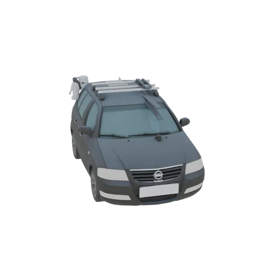 3D model of a dark gray station wagon with a silver roof rack and two white figures mounted on top, viewed from a slightly el