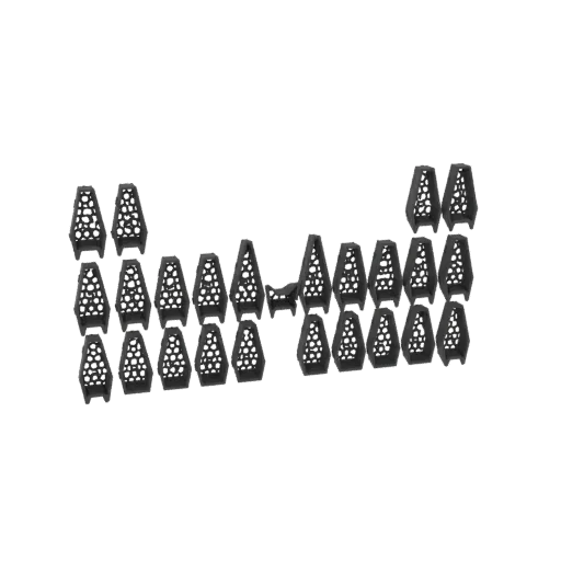 A collection of 28 unique 3D models of geometric planters with a honeycomb pattern, arranged in rows.