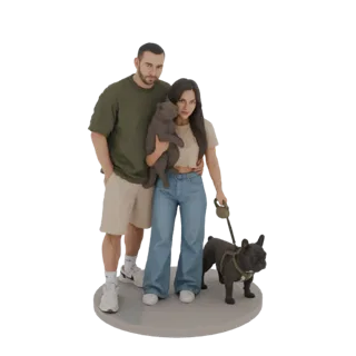 3D model of a couple holding a cat, with two French Bulldogs standing beside them on a circular base.