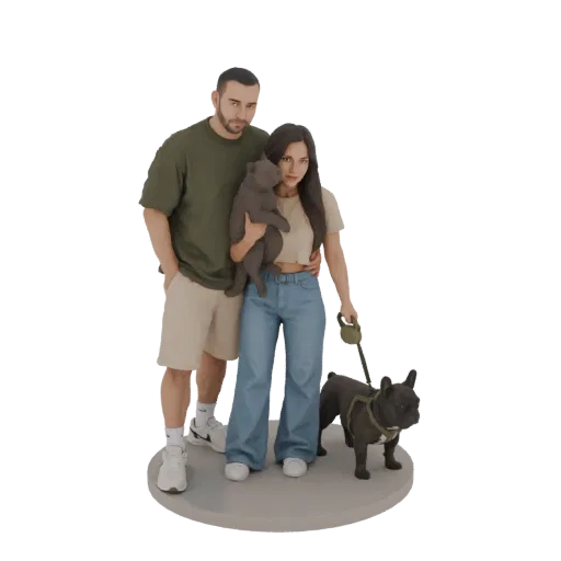 3D model of a couple holding a cat, with two French Bulldogs standing beside them on a circular base.