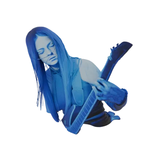 3D model of a blue-toned electric guitarist playing with eyes closed, rendered against a black background.