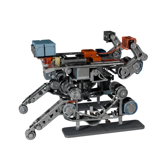 Modèle 3D modulaire Robot de Service Chenille, vue isométrique du kit, montrant des cadres métalliques, forme de robot.