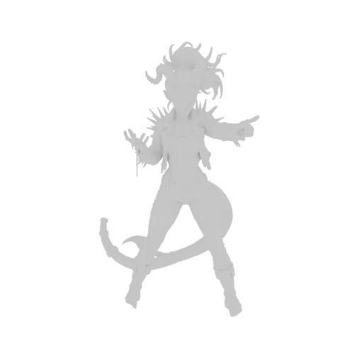 A 3D render of a pixelated fantasy warrior with horns and a tail, in a dynamic action pose against a black background.