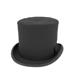 A 3D render of a classic black top hat with a satin band, presented on a black background.