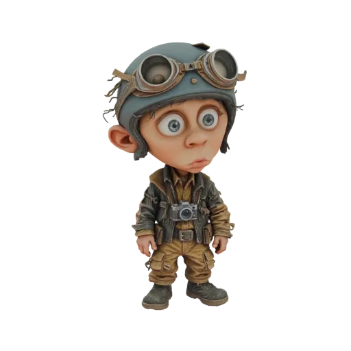 3D model of a whimsical boy dressed as an aviator, wearing a helmet, goggles, and a camera, with large, expressive eyes.