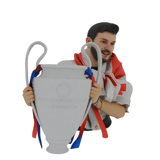 3D model of a smiling man wearing a red and white scarf, holding a large silver champion's trophy.