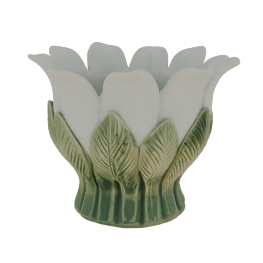 3D model of a white lotus flower planter with green leaves at the base, presented on a white background.
