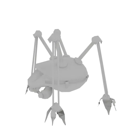 3D model of a gray War of the Worlds tripod with three legs and a central body, set against a black background.
