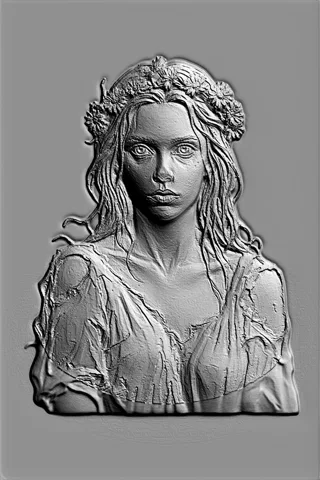 3D model of "Flower Girl" bas-relief with floral wreath, female head, detailed sculpture
