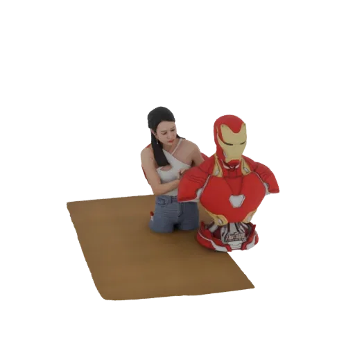3D model of Iron Man's bust, featuring his iconic red and gold armor, displayed on a brown surface.