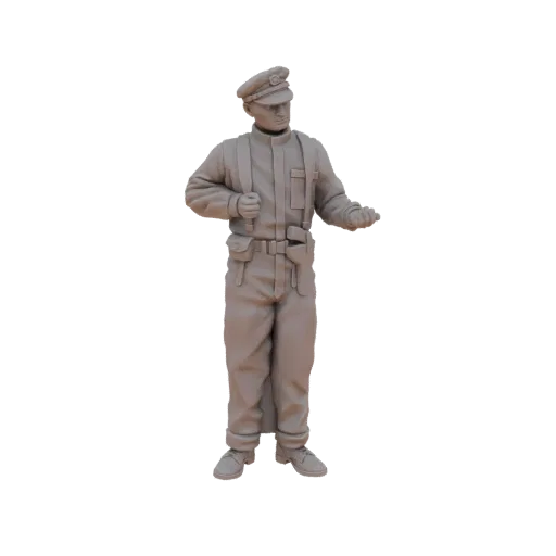 3D model of a British tank crew member from the 1940s, standing in a neutral pose, wearing a cap and uniform.