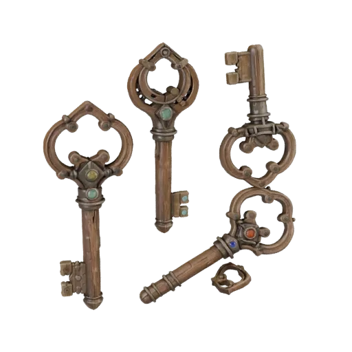 Fantasy Loot Key 3D model, three-quarter front view, Unity viewport, showing aged wood, clear pickup silhouette.