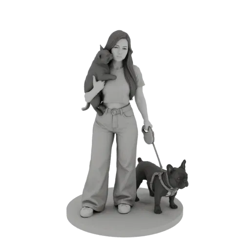 3D model of a woman holding a French Bulldog puppy and walking another on a leash.