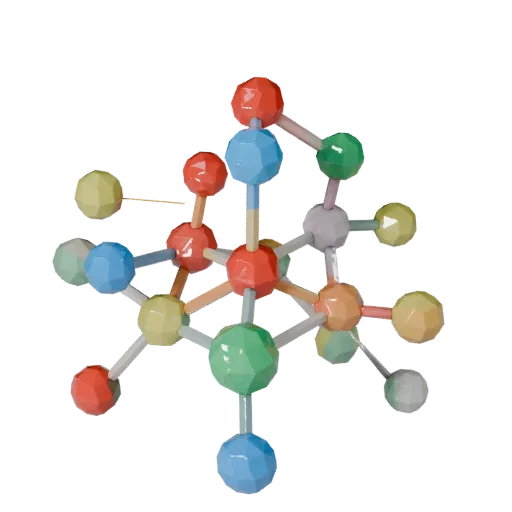 Classroom Crystal Lattice Low Poly 3D model, game viewport three-quarter view, showing colored spheres, molecule layout.