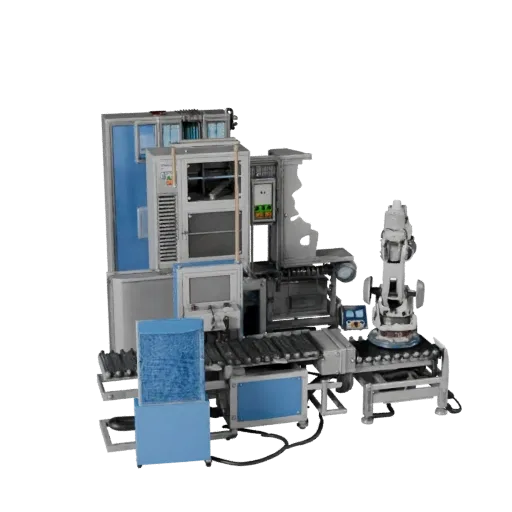 Packaging Robot Cell Modular 3D model, isometric modular kit view, showing painted steel, machine stations.