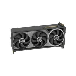 Modelo 3D de uma placa gráfica ASUS ROG Strix GeForce RTX 4090 com três ventoinhas pretas e cobertura cinza.